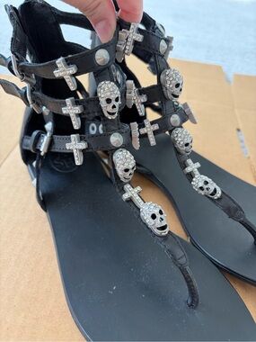 Black Grunge Gladiator Sandals with Skull & Cross Studs Size 36
